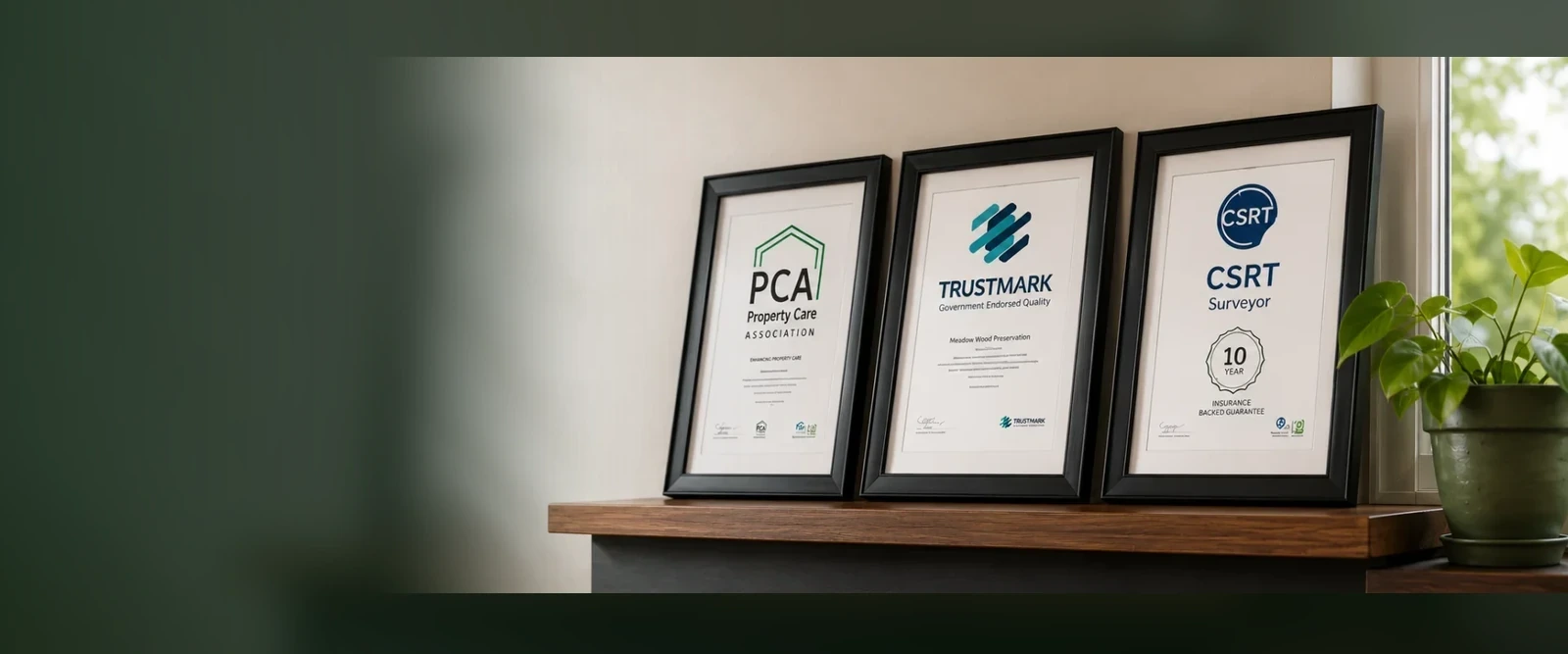 Framed PCA, TrustMark and CSRT accreditation certificates