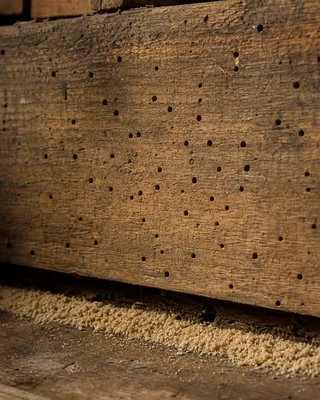 Woodworm exit holes and frass in timber